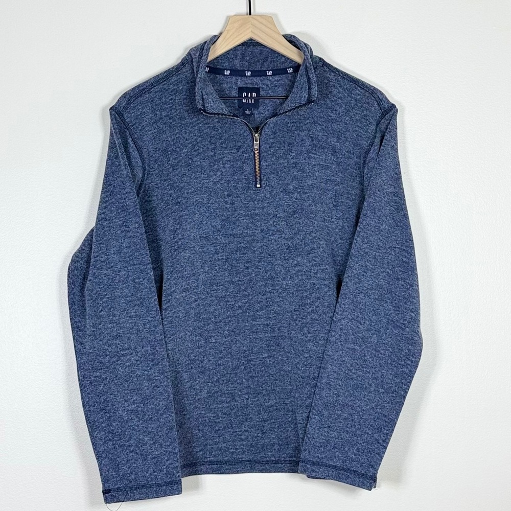 GAP Mens Quarter Zip Pullover Large Blue Marled Knit Mock Neck Casual Classic